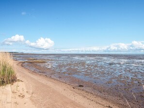 En strand med sandet bund, en sti og havudsigt i det fjerne.