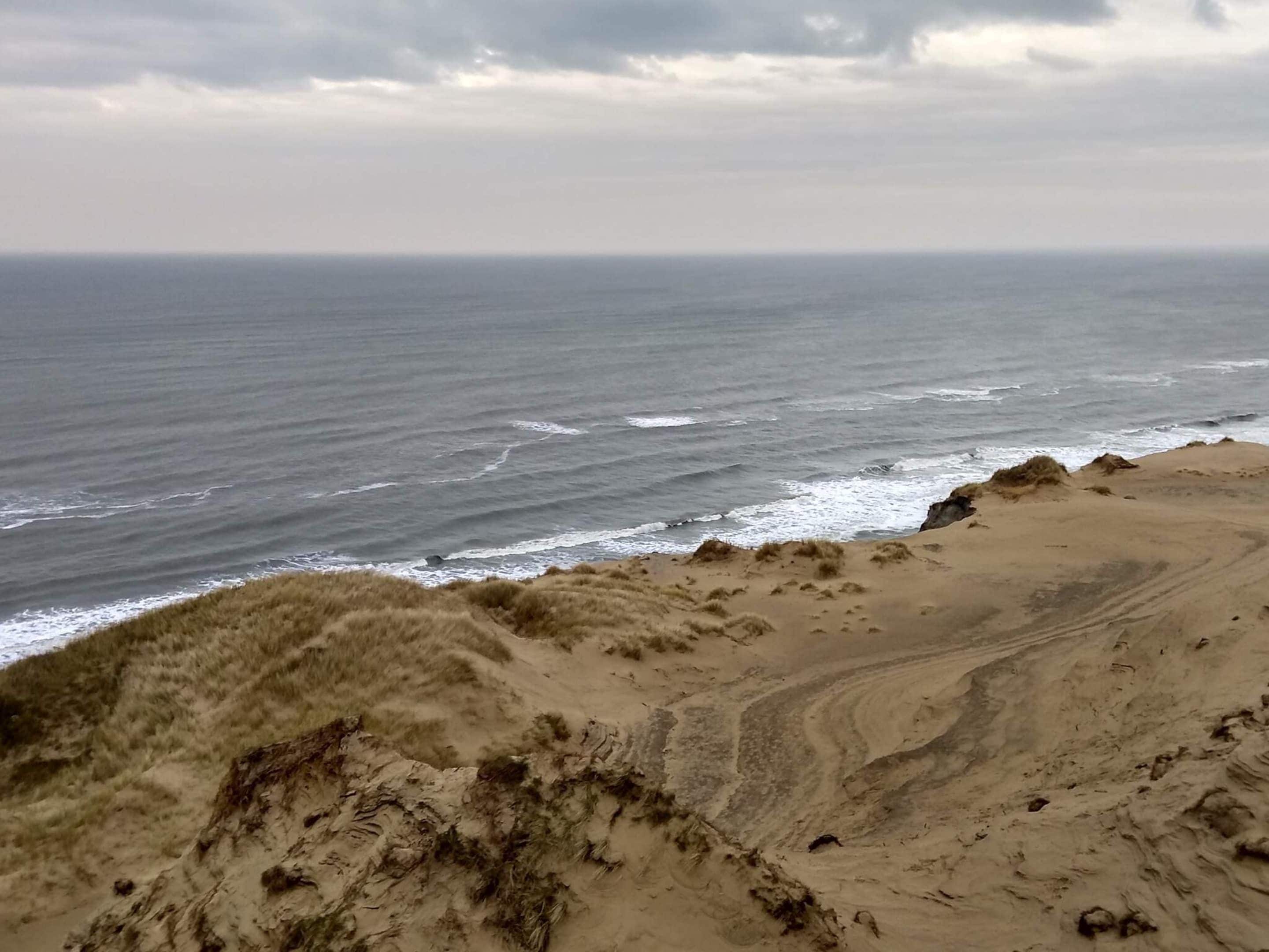 A coastal landscape with sandy dunes and the ocean.