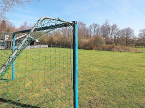 A soccer goal with a net, a blue post, and a grassy field. - 5 Star Holiday Home in Oster Assels (Øster Assels)