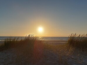 A beach scene with the sun setting over the horizon, grasses in the foreground, and a calm sea. - 4 Star Holiday Home in Henne (Henne)