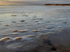 A beach with visible footprints and a bird in the distance. - 8 Person Holiday Home in Spottrup (Spøttrup)