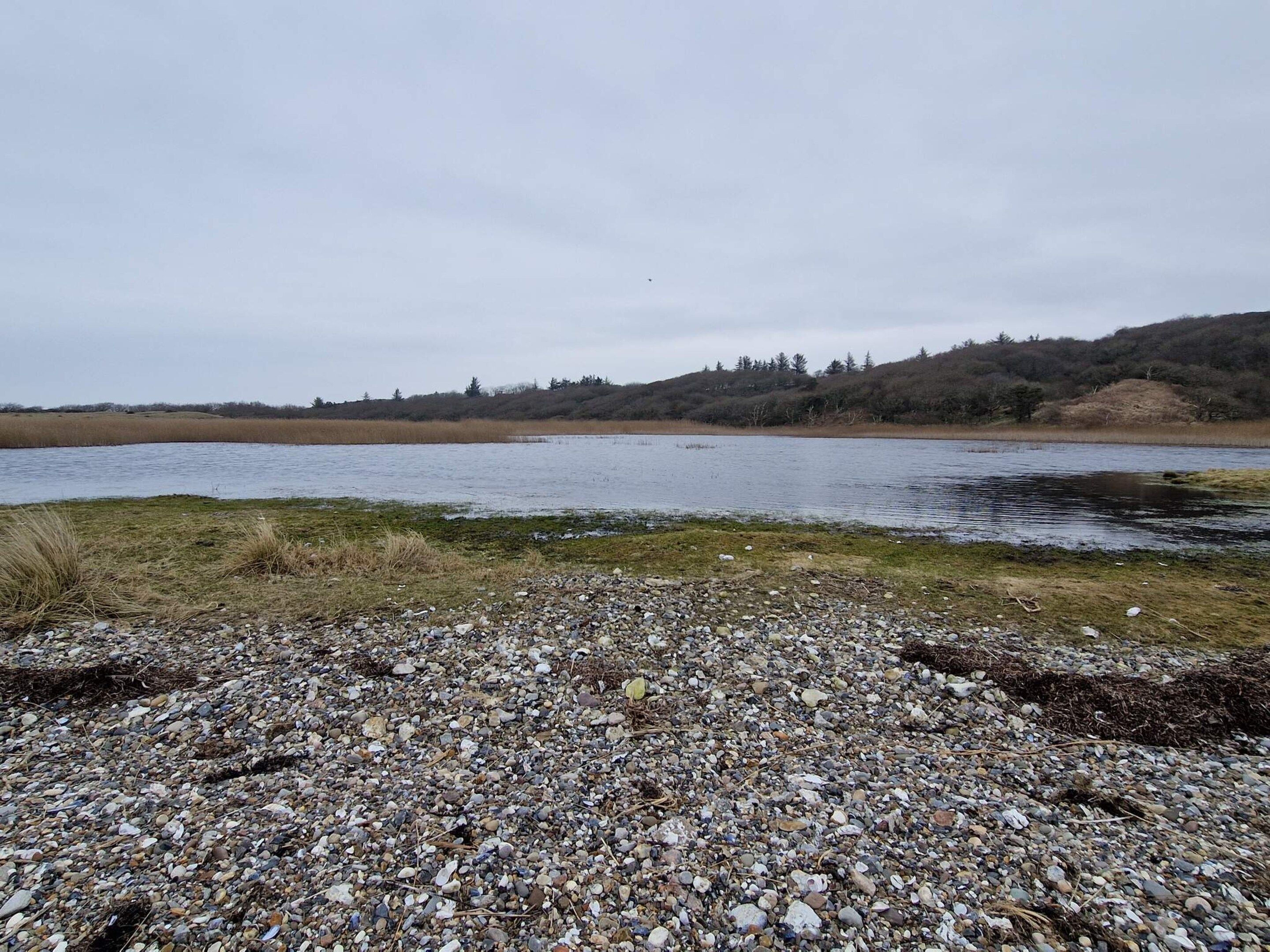 A pebbly shore leading to a calm lake with a hilly landscape in the background.