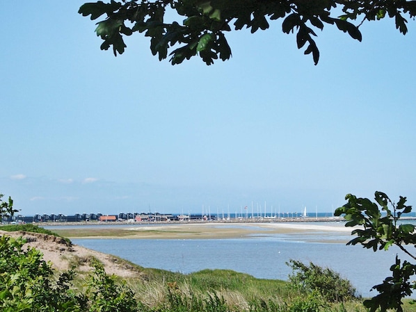 A coastal landscape with a sandy beach, a body of water, and a row of buildings in the distance.