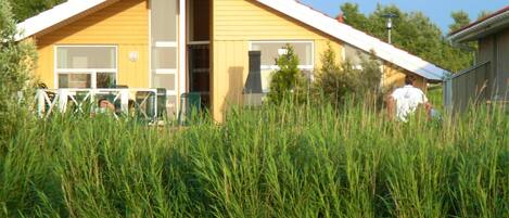 A yellow building with a large window and a door, surrounded by tall grass.