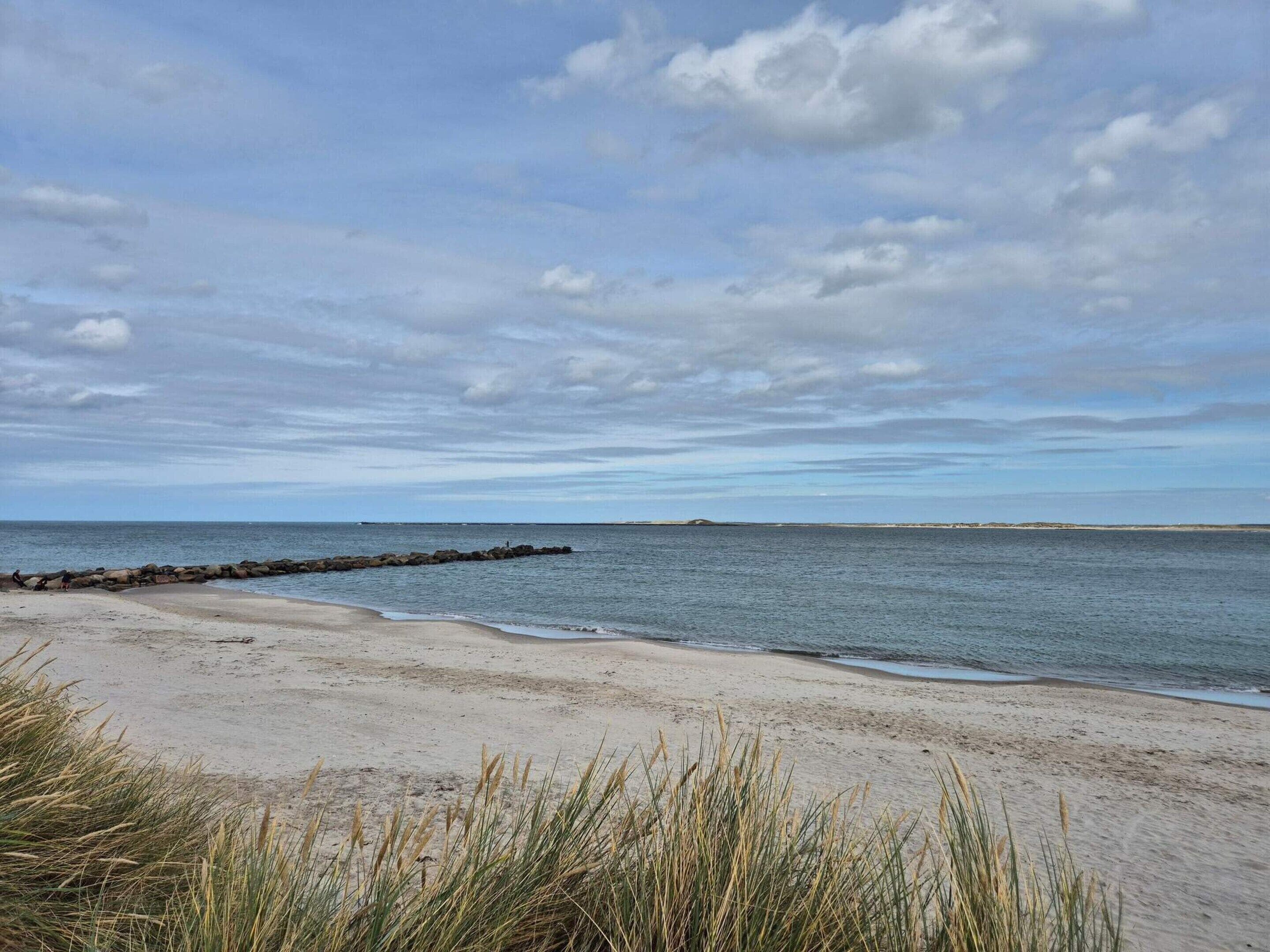 En strand med en stenmole, sandet strand og græsdyner.