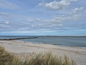 A beach with a rocky breakwater, sandy shore, and grassy dunes. - 8 Person Holiday Home in Harboore (Harboore)
