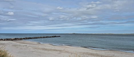 A beach with a rocky breakwater, sandy shore, and grassy dunes.