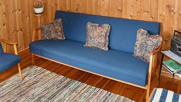 A blue sofa with floral cushions, a wooden floor, a striped rug, and a small wooden table with a radio and books.
