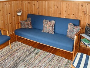 A blue sofa with floral cushions, a wooden floor, a striped rug, and a small wooden table with a radio and books. - 6 Person Holiday Home in Norddal (Fjord)