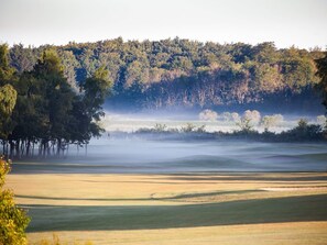 A golf course with a forested hill in the background.