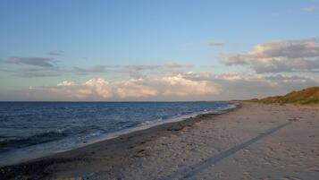 A beach with a sandy shore, gentle waves, and dunes in the distance.