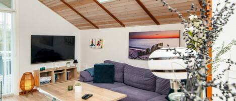 A modern living room with a flat-screen TV, a sofa, a coffee table, and a bookshelf.