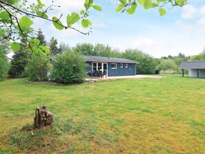 A residential property with a house, a lawn, and a small shed.
