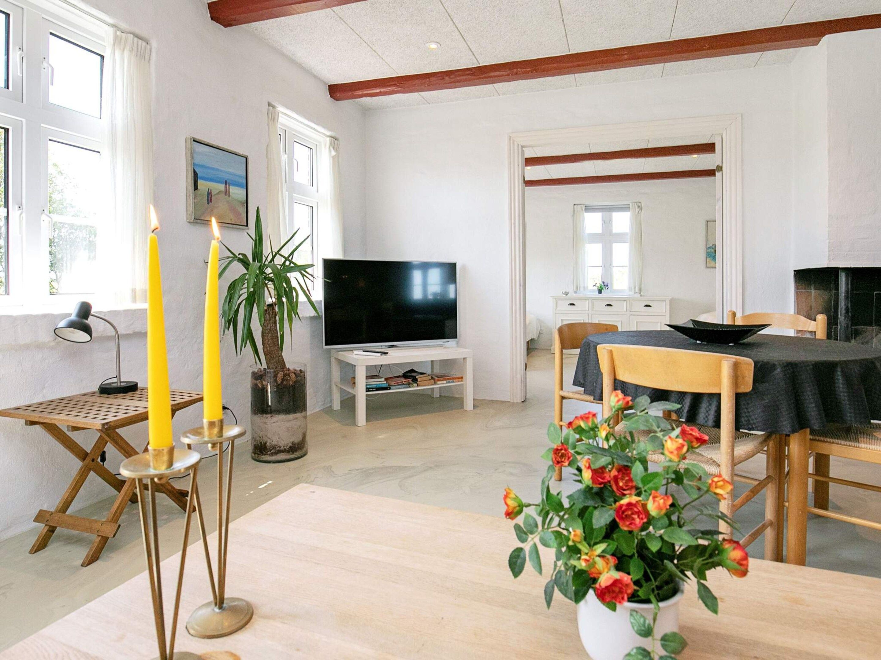 A room with a television, a dining table with chairs, a potted plant, and candles.