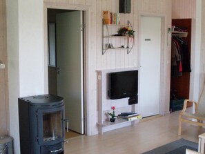 A room with a wood-burning stove, a television mounted on the wall, and a door leading to another room.