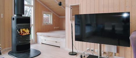 A room with a wood-burning stove, a bed, a television, and a window.