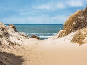 A sandy beach with dunes and a view of the ocean. - 5 Star Holiday Home in Thisted (Thisted)