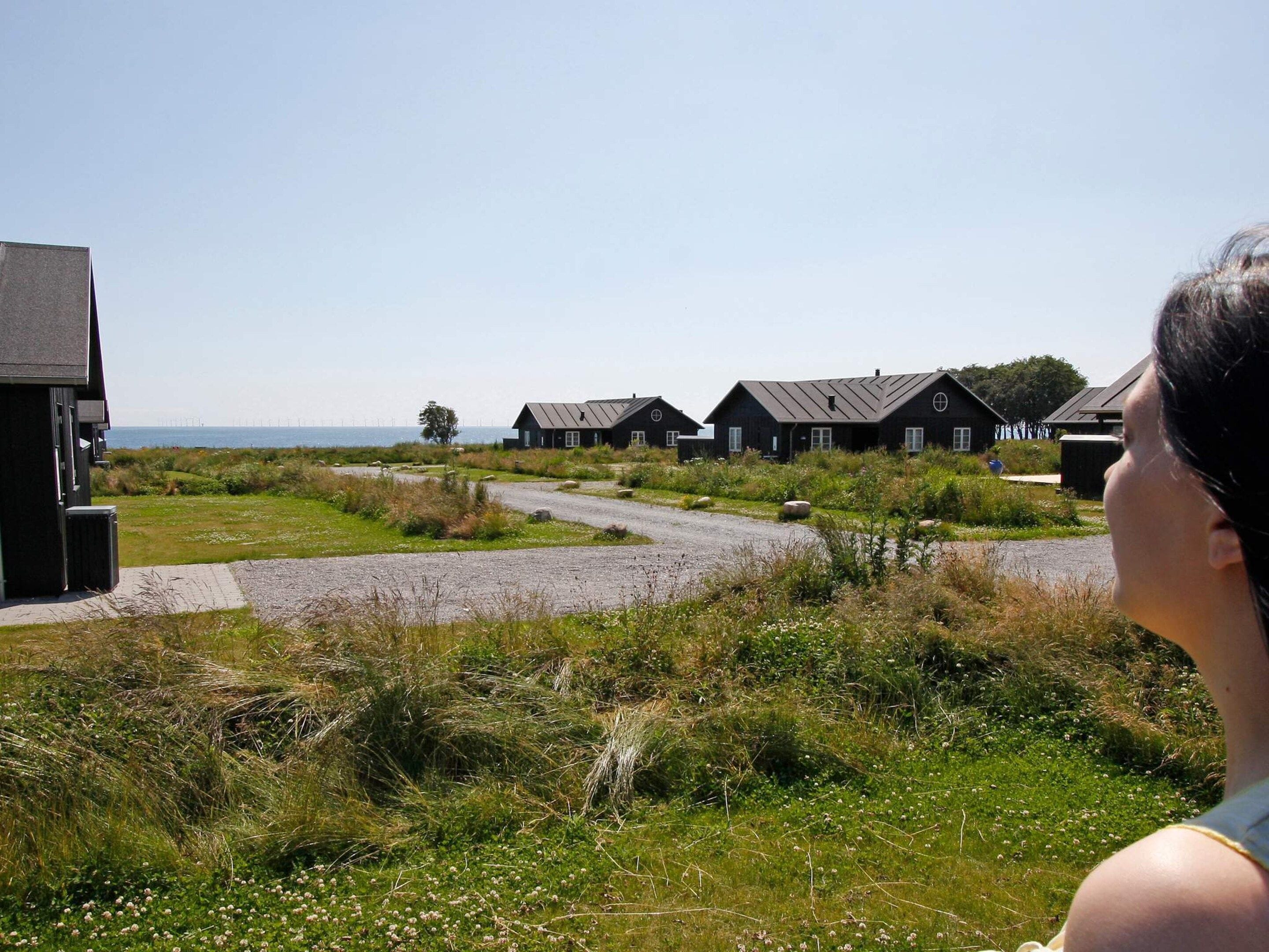 A coastal area with several wooden houses, a gravel path, and a body of water in the background.