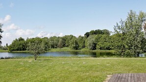 Une zone herbeuse avec une terrasse en bois et un lac entouré d’arbres.