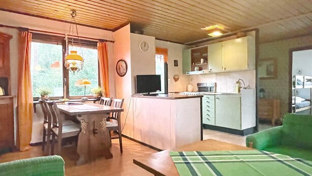 A compact living space with a dining area, a kitchenette, and a green sofa. - 4 Star Holiday Home in Kopingsvik (Kopingsvik)