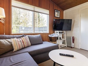 A living room with a grey sofa, a white coffee table, a television, and a radiator. - 6 Person Holiday Home in Hadsund (Hadsund)