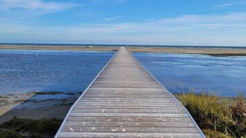 A wooden pier extending into a body of water with a clear sky above.