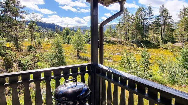 A balcony with a grill, overlooking a forested landscape with mountains in the distance. - 6 Person Holiday Home in Aseral (Aseral)