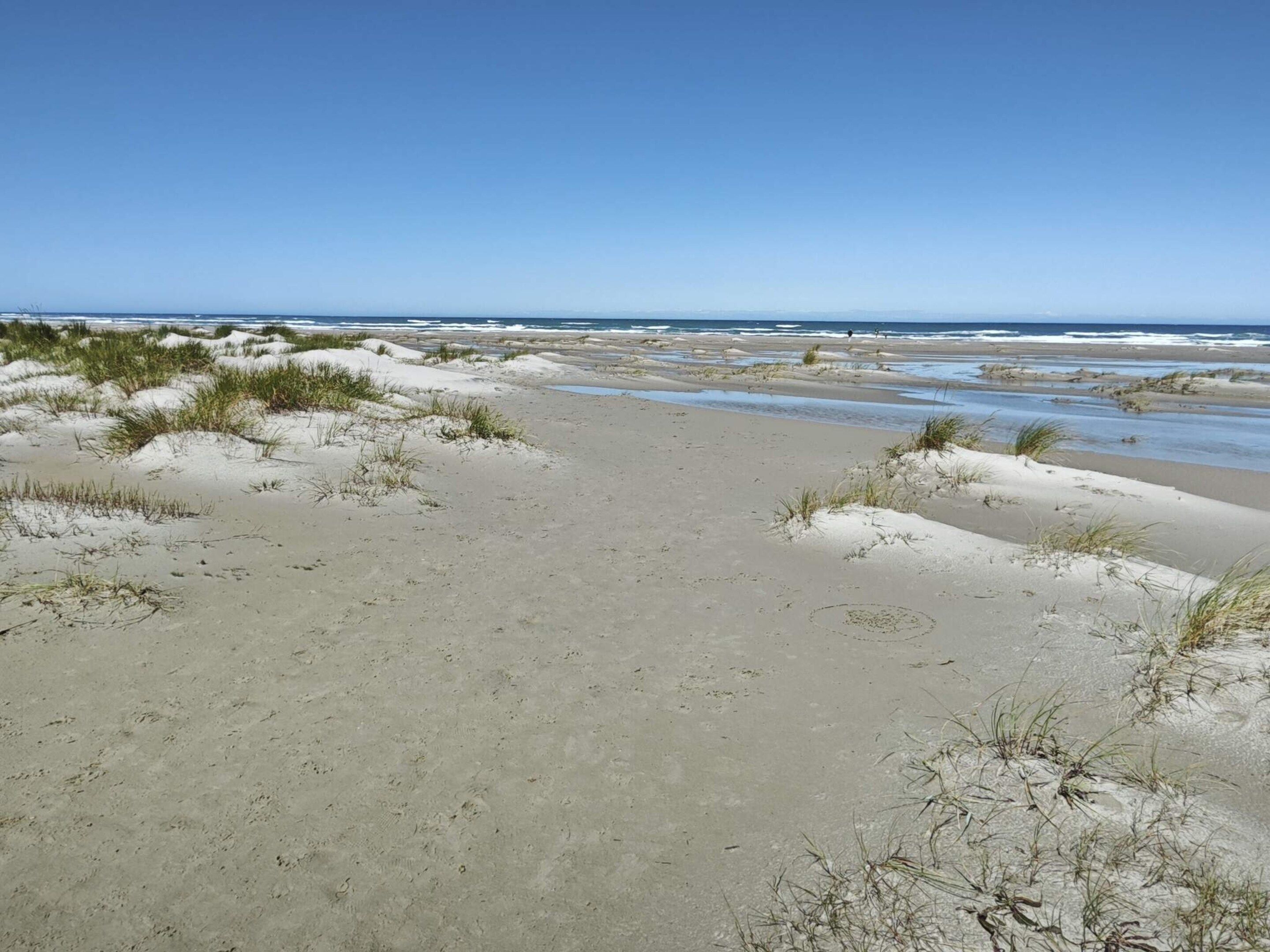 A beach with sand dunes and a clear sky.