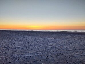 A beach with a sunset in the background.