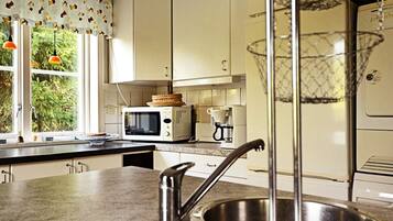 Una cocina con un lavamanos de acero inoxidable, un microondas y una cafetera.
