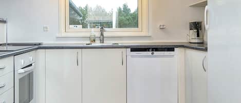 A modern kitchen with white cabinets, a dishwasher, a stove, and a window above the sink.