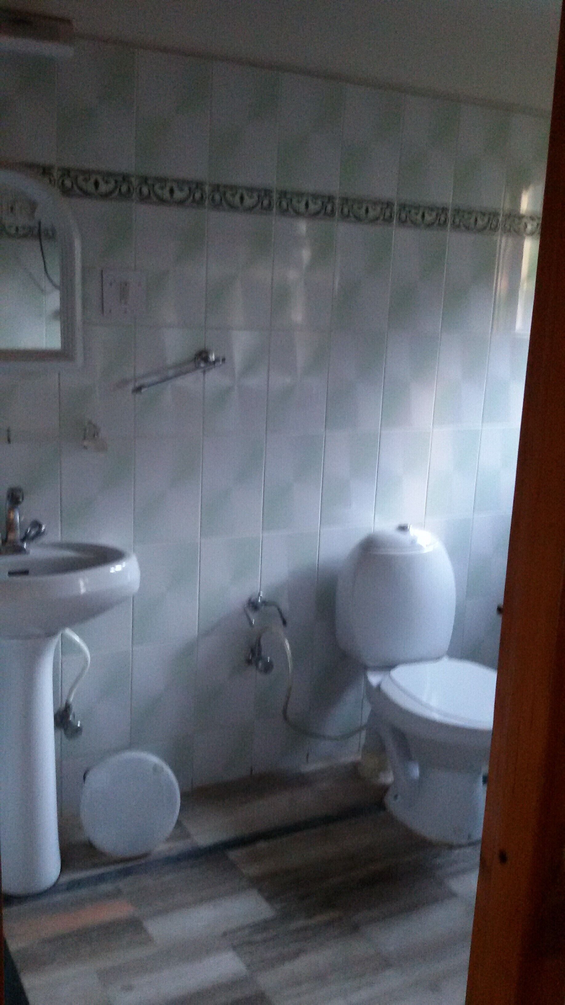 Un baño con lavamanos, inodoro y ducha.