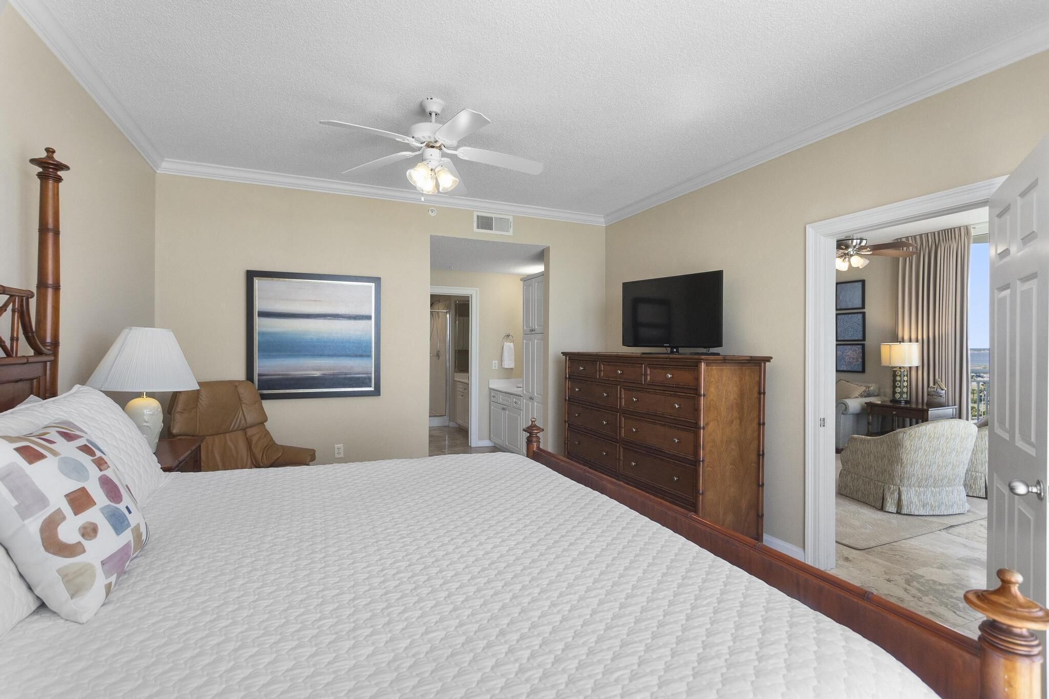 A bedroom with a large bed, a ceiling fan, a television, and a view of the outside.