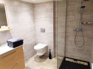 Hair dryer, towels, soap, shampoo