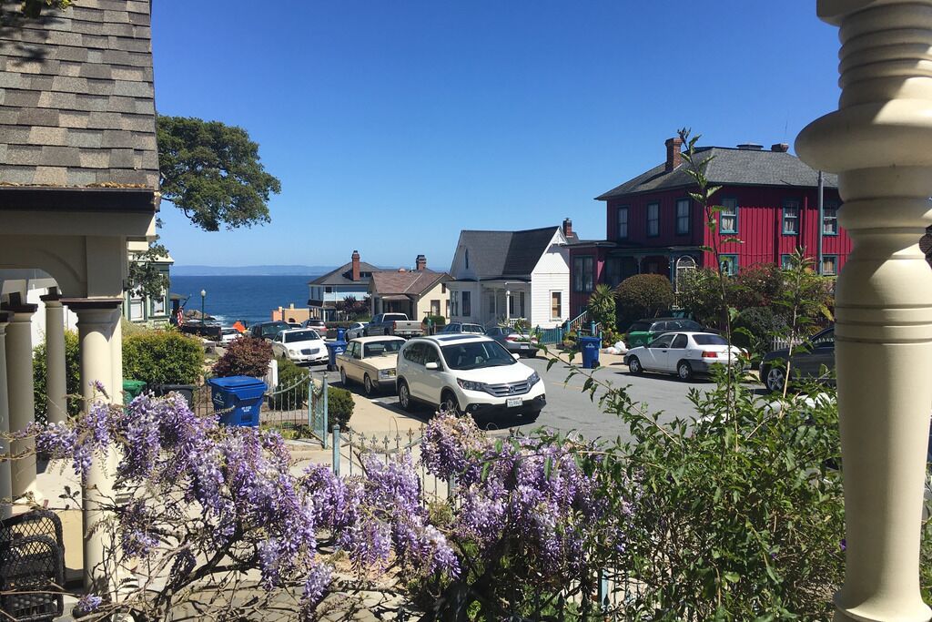 Una calle residencial costera con coches aparcados, casas y flores moradas en primer plano.