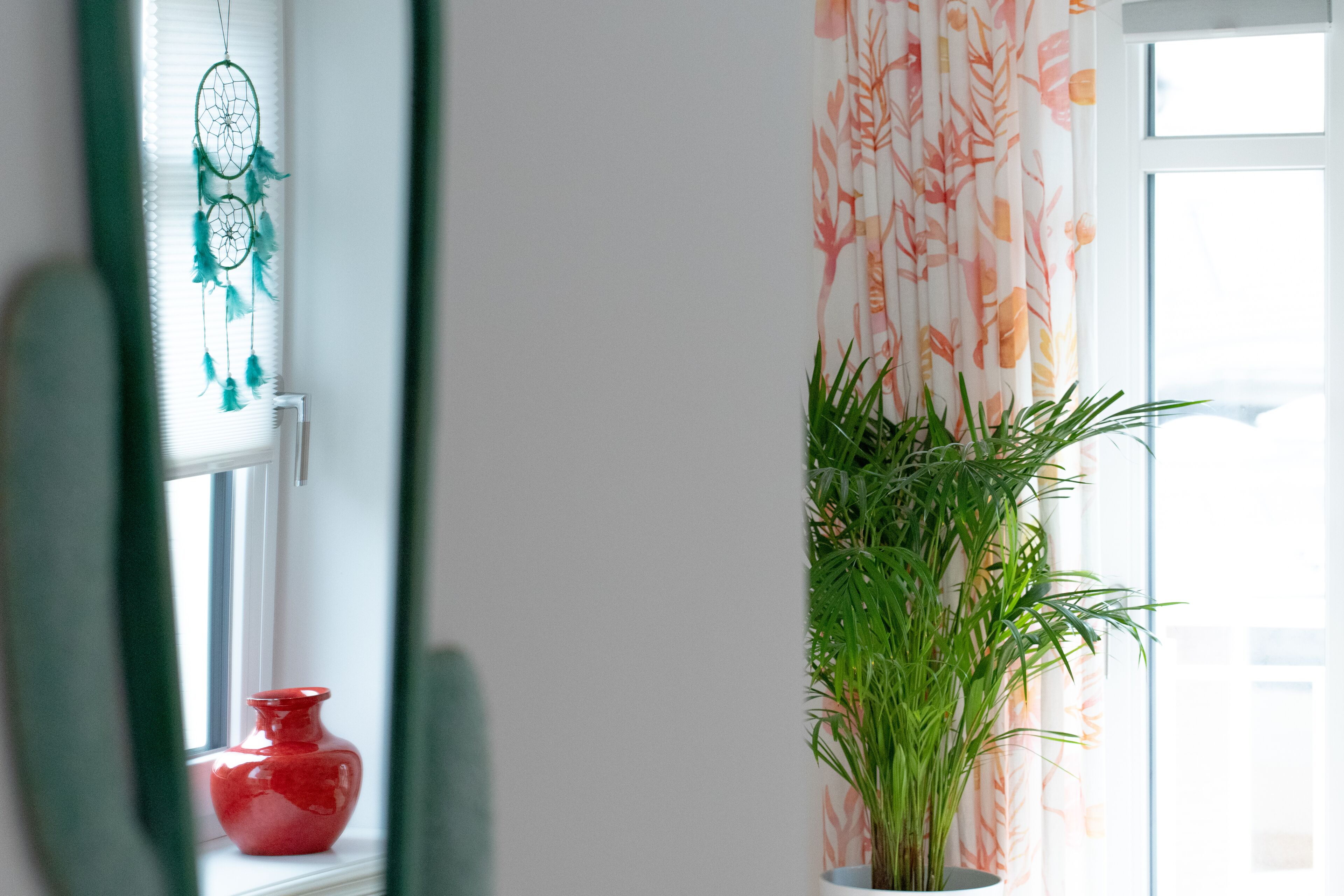 Une fenêtre avec un vase rouge et une plante verte.