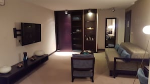 A modern living room with a flat-screen TV, a sofa, a chair, and a bookshelf. - Villa Akacija (Belgrade)