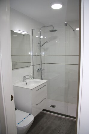 Douche, sèche-cheveux, serviettes fournies, savon