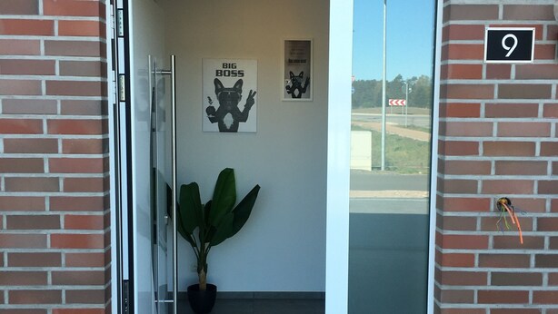 Una entrada de edificio con puerta de cristal, una planta en maceta y dos cuadros en la pared.