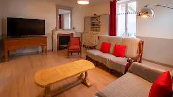 TV, fireplace, DVD player, books