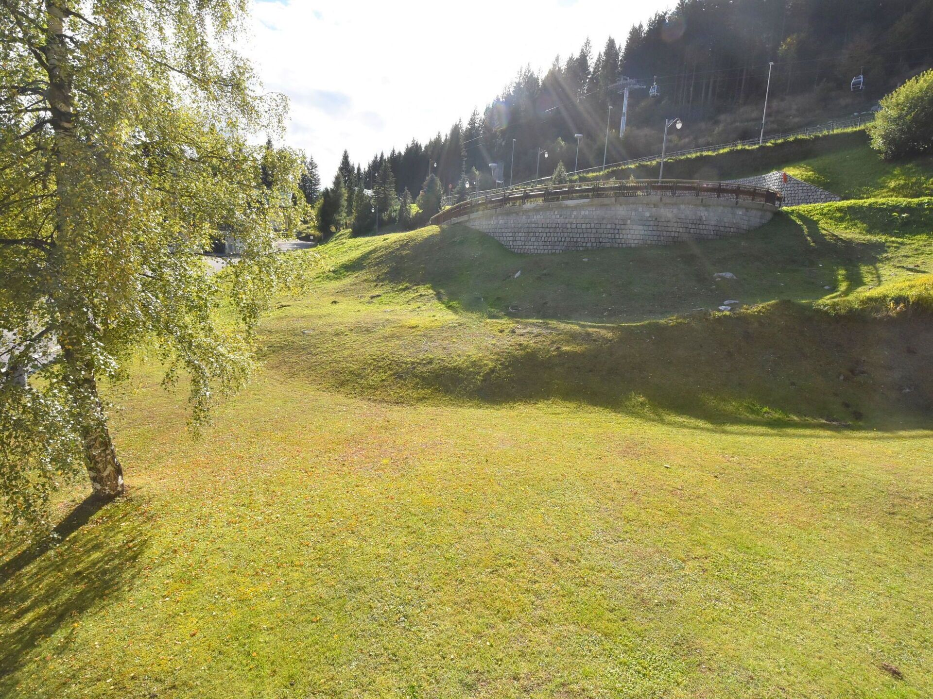 A grassy area with a stone wall and a bridge.