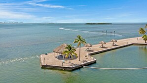 A tropical resort with a water-based lounge area, palm trees, and a clear view of the ocean. - **TIDEWATER VIEWS** Cottage + Boat Slip + Pool + Last Key White Glove Service... (Cudjoe Key)