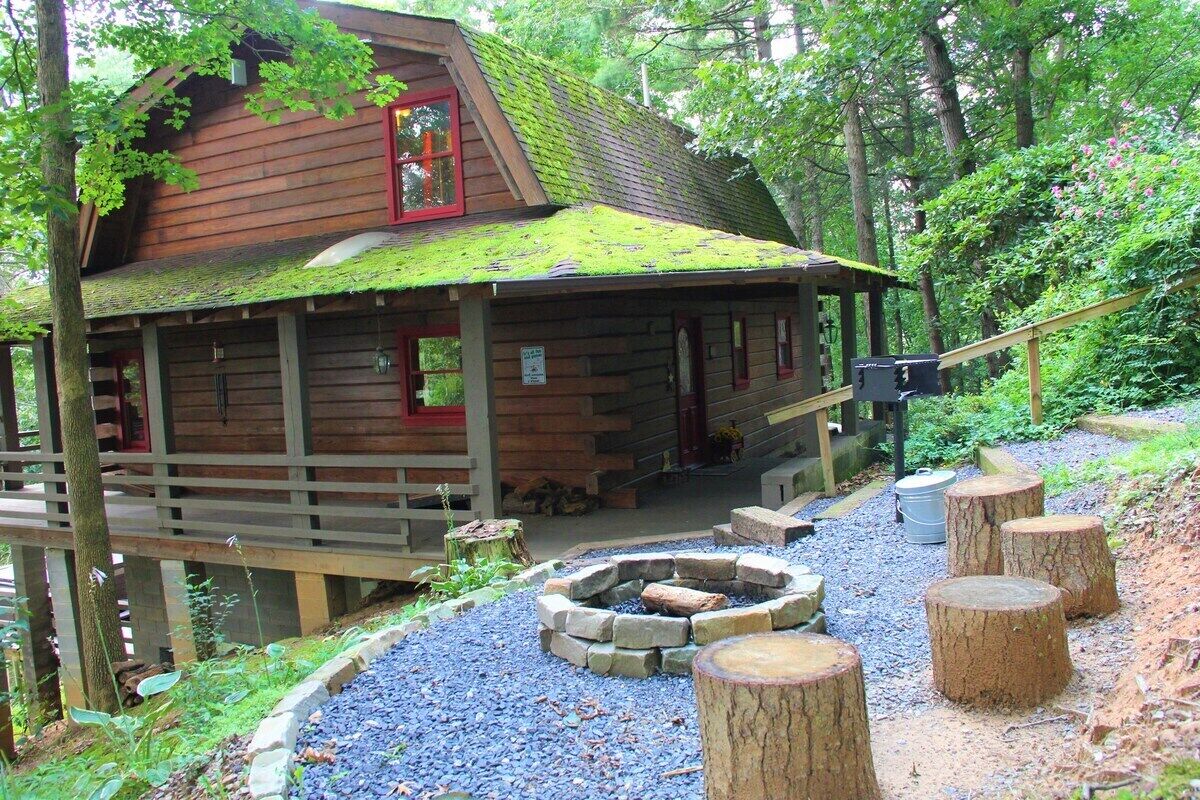 A rustic cabin with a fire pit, surrounded by a gravel path and wooden stumps.