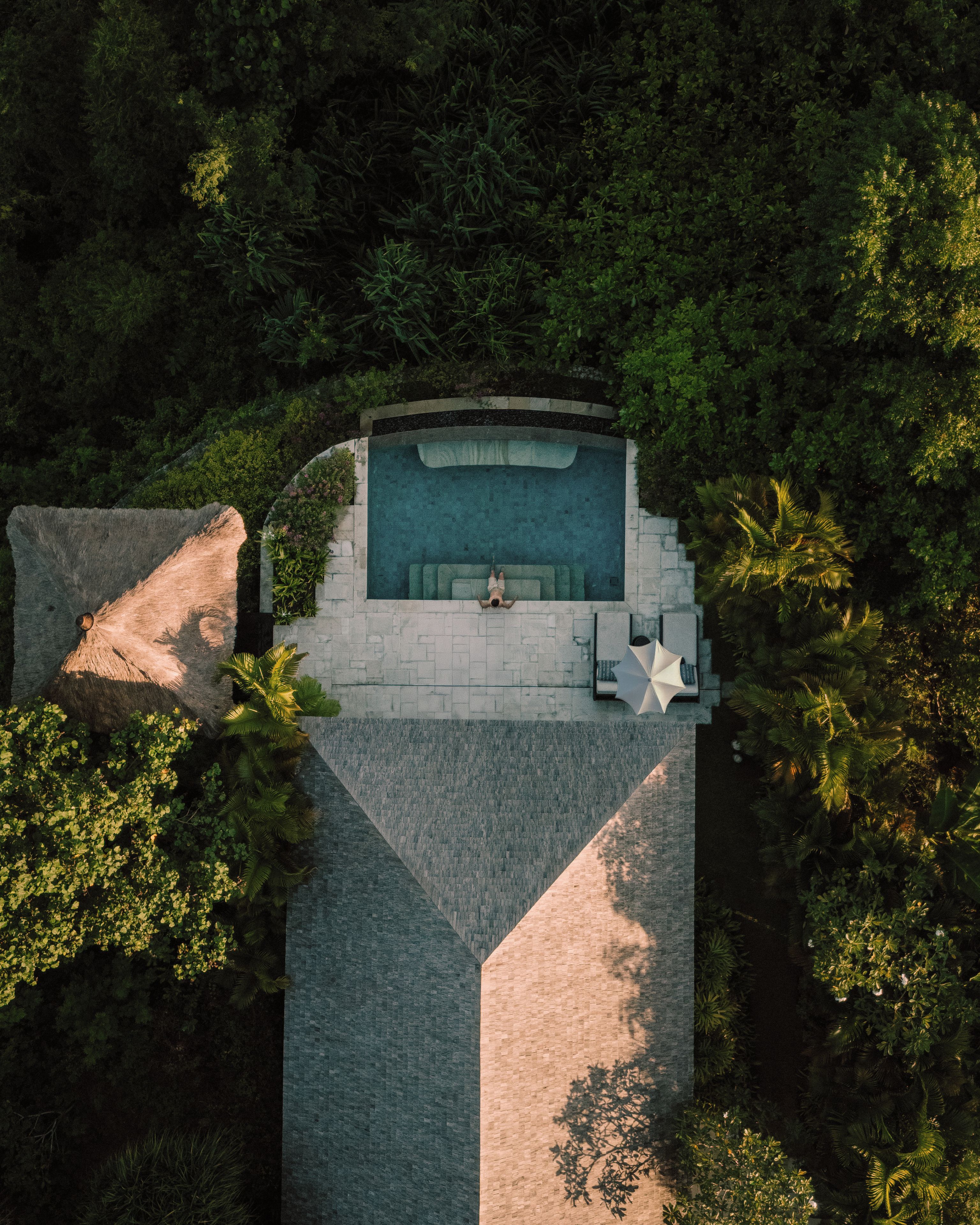 An aerial view of a swimming pool with a stone deck, surrounded by dense foliage.