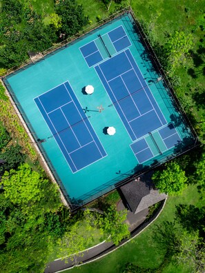 An aerial view of a tennis court surrounded by lush greenery.