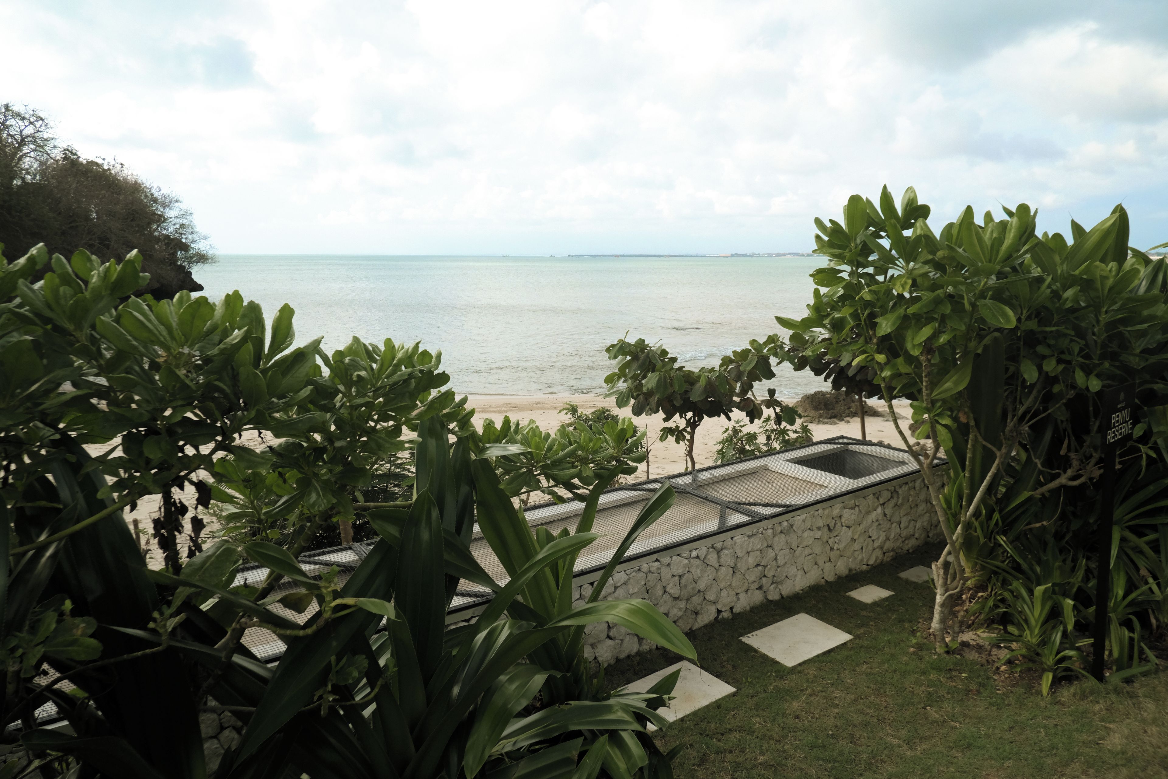 A view of a beach with a stone wall and a metal fence, surrounded by lush greenery.