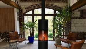 Una habitación acogedora con chimenea, sillones de cuero y plantas en macetas.