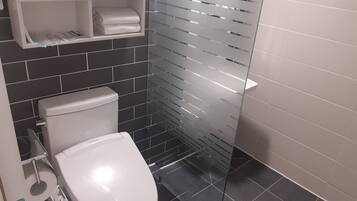 A modern bathroom with a toilet, a glass shower enclosure, and a towel rack.