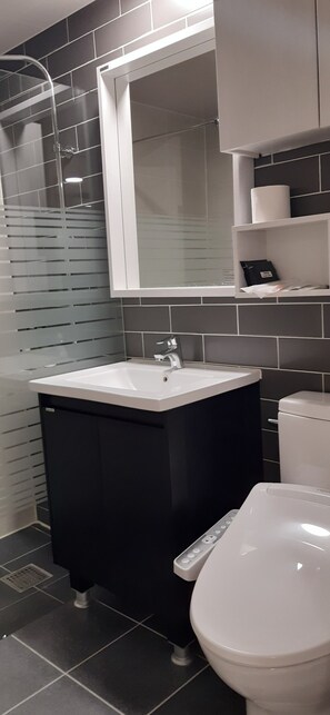 Shower, free toiletries, hair dryer, towels