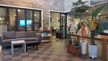 Un espacio interior acogedor con un sofá gris, una mesita pequeña y plantas en macetas.
